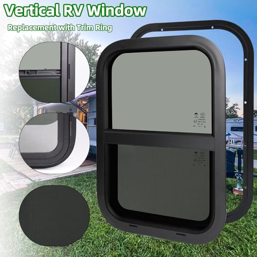 Image of 18 inchW x 30 inchH RV Windows for Cargo Trailer Camper,Tinted Vertical Sliding | Cargo Utility Trailer Window Replacement w /Screen&Trim Ring,Fit 15 /16 inch or 1-3 /8 inch Thick Wall,Allow Error 1 /16,DOT Approved