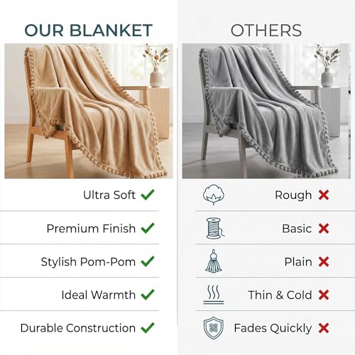 Image of BSB HOME 280 GSM Pom Pom Blanket, Ultra Soft Plush Fleece Throw Blanket with Pom Pom Fringe, Cozy Lightweight Warm Blanket for Sofa, Couch, Bed, Skin Friendly & Easy Care, 45 x 60 Inches - Warm Sand