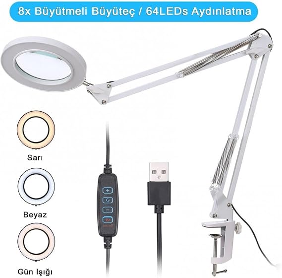 Acrobat Movable 8X Magnifying Led Lighted Desk Work Lamp - Vise (White)