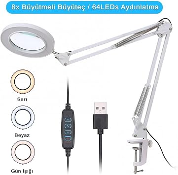 Acrobat Movable 8X Magnifying Led Lighted Desk Work Lamp - Vise (White)