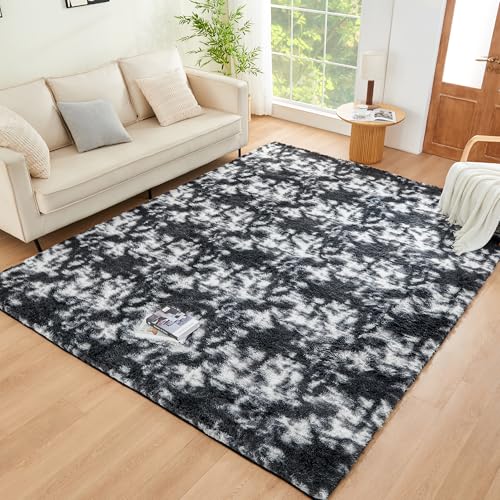 Litanika 5x8 Shag Area Rug for Bedroom, Tie-Dyed Black White Plush Rug by Litanika - Used condition - US$24.87