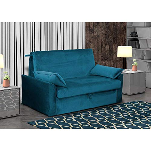 Sofá-Cama Casal 2 Lugares Cristal Veludo com Baú e Almofadas Azul