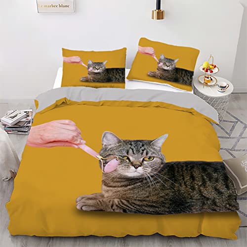 Parure de lit 90x190 enfant chat jaune en microfibre avec housse de couette et taie