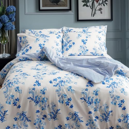 Pillowcases Pack of 2 Cotton Blue Reversible Pillowcase Double Sided Patterned Floral Striped Pillow Covers 2pcs (50x75cm Sevilla Blue) - Image 6