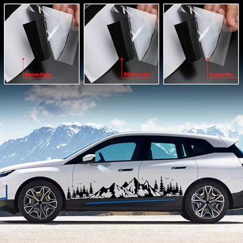 Image of TOMALL 1 Pair Fir Mountain Forest Vinyl Decals for Car Body Door Sides Universal Waterproof Tree Graphic Stickers Decoration for Travel Trailer Camper Vehicles SUV Truck Off-Road (Large-Black)