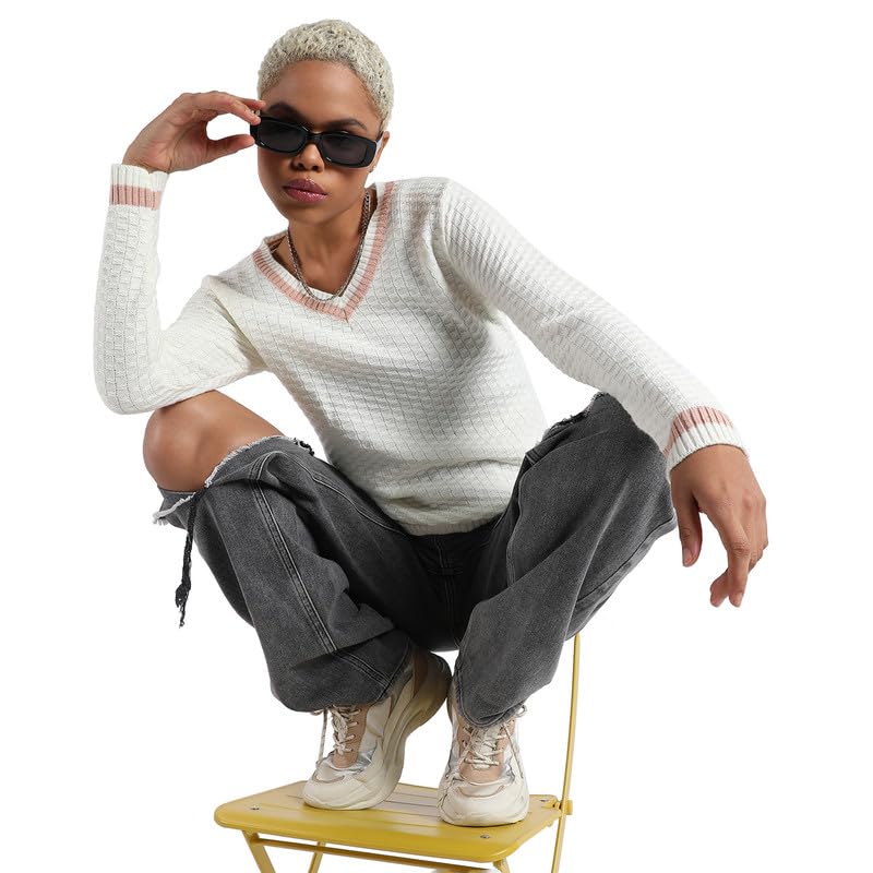Image of PINACOLADA Women's Solid Ribbed Cropped CardiganFor Casual Wear | V Neck | Long Sleeve | Wool Sweater Crafted with Comfort Fit for Everyday Wear