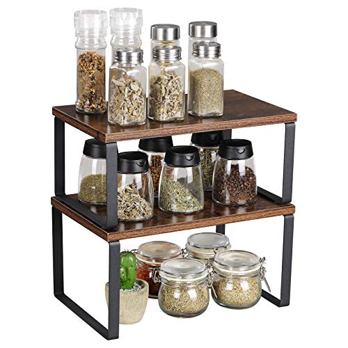 OROPY - Juego de 2 Estantes de Almacenamiento de Madera Rústica para Armario de Cocina, Organizador de Estantes de Cocina y Baño, Estantes Expandibles Apilables para Tarros,Botellas y Latas