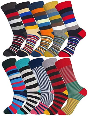 FULIER Men's Essential Colorful Design Comfort Cotton Funny Dress Crew Socks 4-5 Pack (Stripe-10Pack)