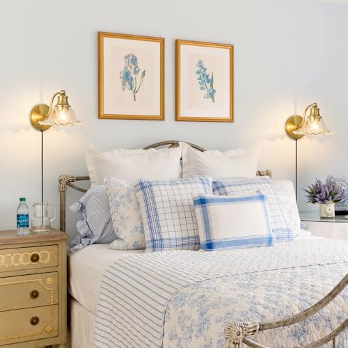 Image of Vintage Plug in Wall Sconce, Gold Plug in Sconce Set of 2 with Clear Glass, Brass Wall Lights Fixture with Plug in Cord, Flower Wall Lamp Decor with on /Off Switch & Cord for Bedside Bedroom Hallway