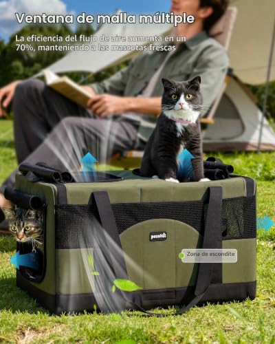 Miniatura 5 de Pecute Transportín Para Gatos Con Doble Compartimento, Ultraestable, Transpirable Y Plegable, Ideal Para Viajes, Mudanzas Y Visitas Al Veterinario, Verde