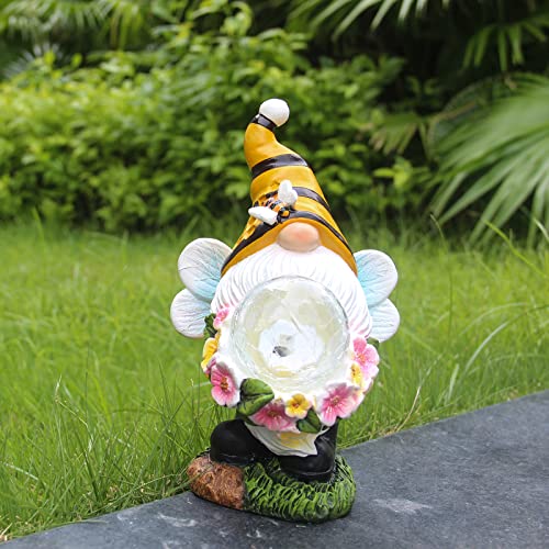 Hosnner Solar Garden Gnome Statue - Resin Gnome Figurine Cute Bee With Solar Led Lights For Outdoor Patio, Lawn, Yard Art Decoration Winter Garden Halloween Christmas Ornament Party Gift #TOP4