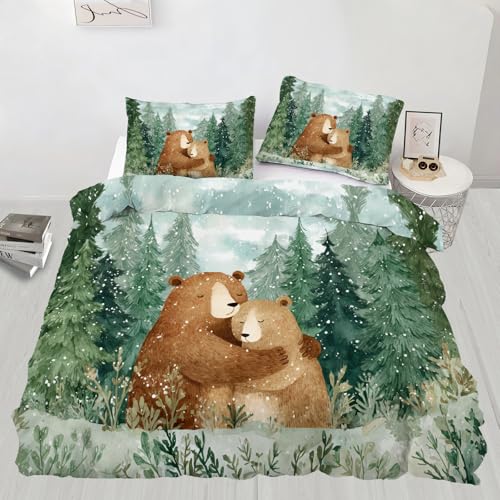 QINYUN Winter Christmas Duvet Cover California King Comforter Set with 2 Pillowcases, Snowy Forest Bear Bedding Set 3 Piece, Cabin Bear Duvet Cover with Zipper Ties (NO Comforter)