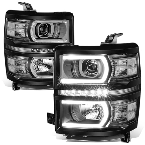Auto Dynasty LED DRL + U Tube Bar Projector Black Housing Clear Corner Headlight Lamps Compatible with Chevy Silverado 1500 14-15