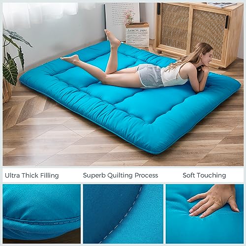 Image of MAXYOYO Japanese Floor Mattress Futon Mattress, Thicken Tatami Mat Sleeping Pad Foldable Roll Up Mattress Boys Girls Dormitory Mattress Pad Kids Floor Lounger Couches and Sofas, Turquoise, Twin Size