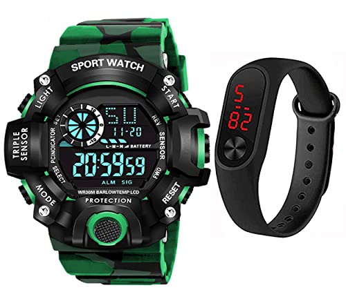 Image of Men's, Kid's Waterproof Shockproof Multi-Functional Automatic Digital Sports Wrist Watch with Led, Multicolour Strap - Pack of 2