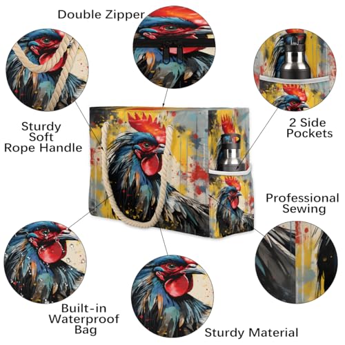 Vintage Watercolour Rooster Beach Bag for Women Waterproof Sandproof Tote with Zipper Cotton Rope Handles for Travel Pool Gym Shopping3