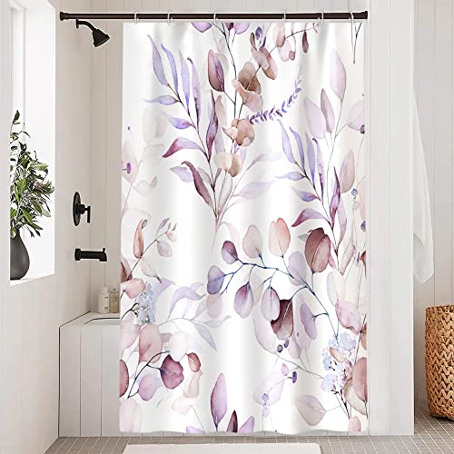 Uiiooazy Duschvorhang 120x200cm, Duschvorhang Anti Schimmel Lila Violett Blätter Rosa Lavendel Blumen Duschvorhänge Wasserdicht Polyester Stoff Waschbar Bad Vorhang mit 8 Haken für Badezimmer