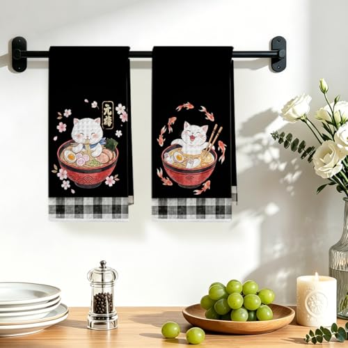 Image of 2 Pcs Funny Japanese Cat Eating Ramen Kitchen Towels 24x14 Inch, Japanese Reusable Dish Towels for Kitchen Bathroom Decor, Waffle Weave Absorbent Tea Towel, Cute Cat Lover Gifts for Women Mom Friend