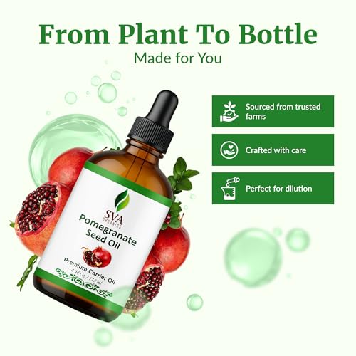 Image of SVA Organic Pomegranate Seed Carrier Oil with Dropper, 4 Fl Oz (118 ml) | Pomegranate Seed Oil for Face, Facial Oil, Skin, Hair, Body Oil, Body Massage, Nail Care & DIY Beauty Blends in Glass Bottle