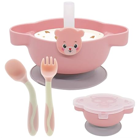 SNOWIE SOFT 4Pcs Baby Plates for Baby with Cover, Fork, PriSpoons and Straws, Food Grade PP Suction Cup Bowl Set, Self Feeding for Toddler, Dishwasher & Microwave Safe, BPA Free