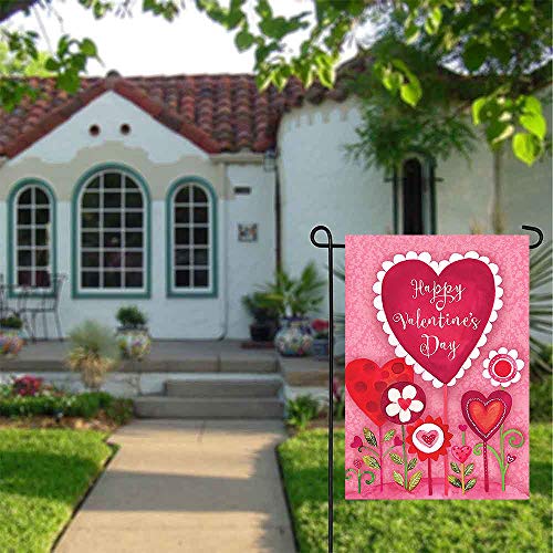 Happy Valentine's Day Love Heart Flowers Pink Double Sided House Flag Garden Banner 28" X 40", Sweet Valentine Day Rose Floral Spring Welcome Garden Flags For Anniversary Yard Outdoor Decoration #TOP3