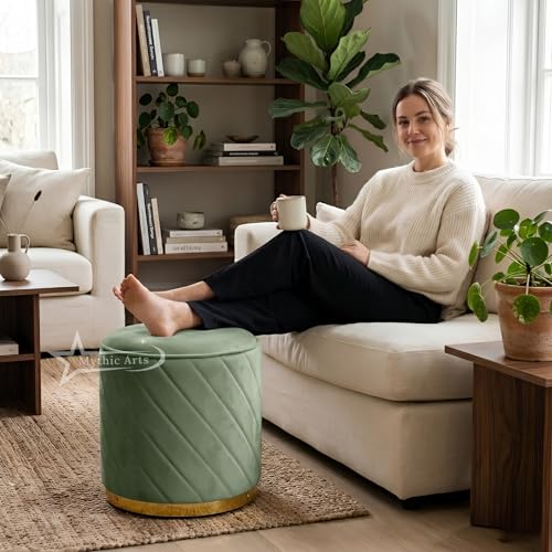 Image of Ottoman Stool, Puffy Stool, Sitting Stool, Modern Upholstered Round Ottoman, Dressing Table for Living Room (Green)
