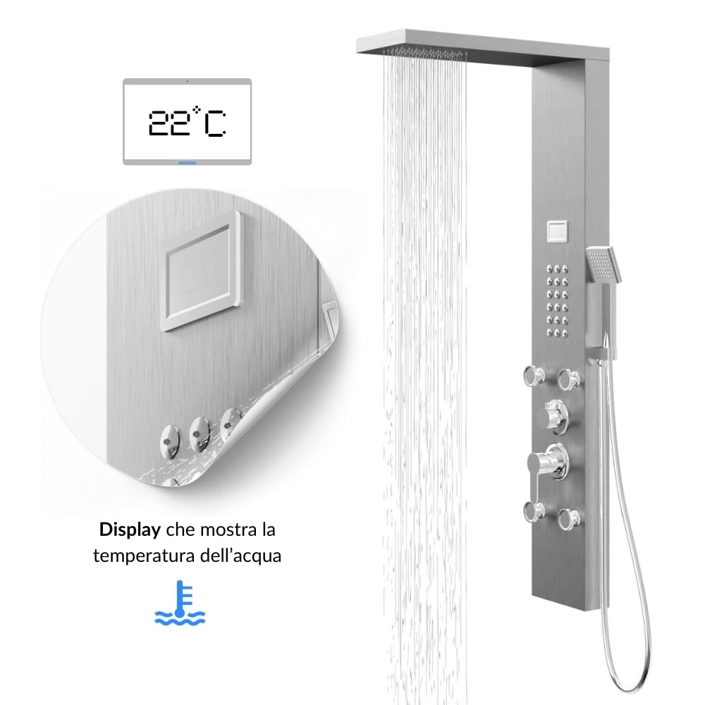 Colonna Pannello Doccia Chester-1 Cromo Spazzolata Acciaio 4 Funzioni Display Temperatura 4 getti lombari frontali 24 micro-ugelli Soffione Anticalcare