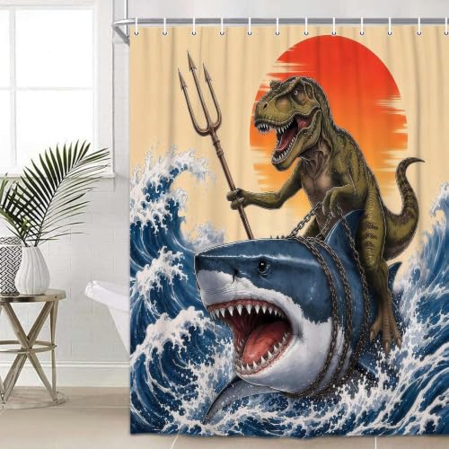 Image of Boziqr Funny Dinosaur Shower Curtain, Cool Dinosaur Shark Ocean Wave Decor Fabric Bathroom Curtains, Fun Animals Fabric Bath Curtain with 12 Hooks 60 X 70 Inch
