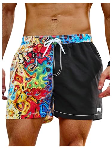 OYOANGLE Men's Color Block Printed Swim Trunks Summer Beach Shorts with Pocket Bathing Suits3