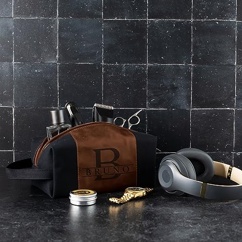 Toiletry Bag for Men Personalized, Laser Engraved Initial & Name on Leather, Custom 4 Canvas Colors - Gift for Husband, Dad, Boy Friend, Handcrafted Travel Bag, Waterproof Shaving Dopp Kit3