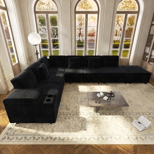 Image of KEIKI 110 inch L-Shaped Oversized Plush Corduroy Modular Sectional Sofa with Pull-Out Bed, Convertible 6-Seater Sleeper Couch Bed with 1 Ottomans & USB & Cup Holders, Easy Assembly, for Living Room, Black