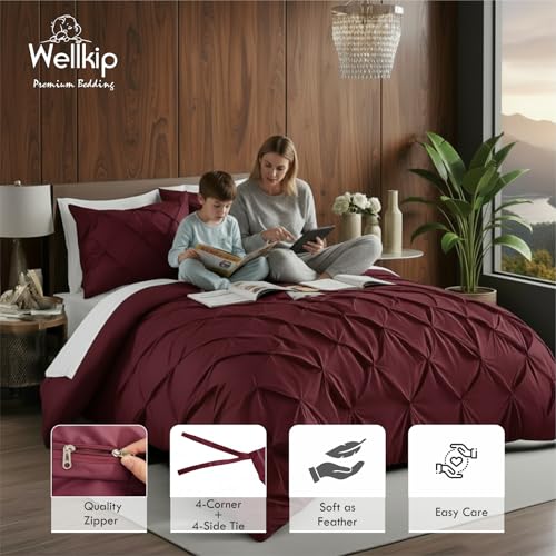 Image of Pinch Pleated Duvet Cover Set 1000TC 100% Cotton Premium 3-Pieces 1-Duvet Cover & 2-Pillow Cover Luxury Look Home and Hotel Zipper & 8-Tie Closure (Burgundy, Super King 100 X 108 Inch)