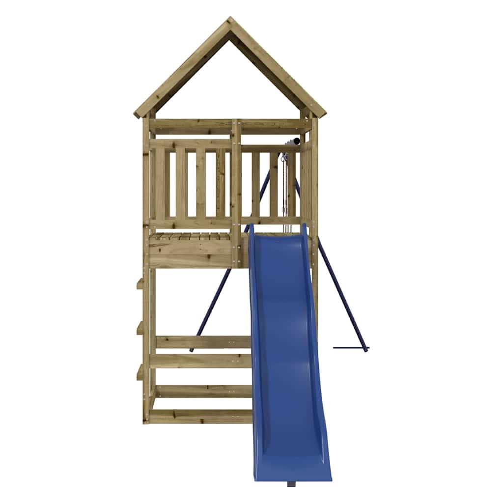 Spielturm aus imprägniertem Kiefernholz mit Wellenrutsche, Doppelschaukel, Sandkasten und Klettergerüst für Garten, Outdoor Kinderspielplatz mit sicherem Holzgeländer und stabilem Rahmen