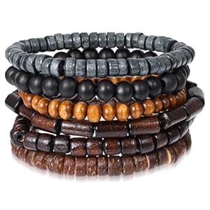 6 Pcs Beaded Bracelets for Men Adjustable Wooden Beaded Bracelets Elasticity Rope Vintage Multi-Layer Mens Bracelet Braided Multilayer Grunge Set Cuff Wrap Meaningful Gift