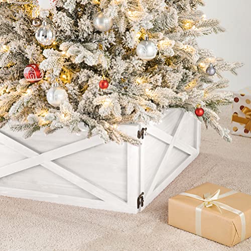 Glitzhome Washed White Wooden Tree Collar Tree Stand Cover Christmas Tree Skirt Tree Box, 32" L X 32" W #TOP5