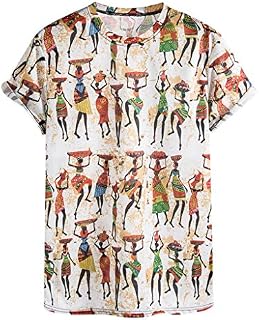 T-Shirt Men Ethnic Printed Fashionable Comfortable Short Sleeve Top (L,White)
