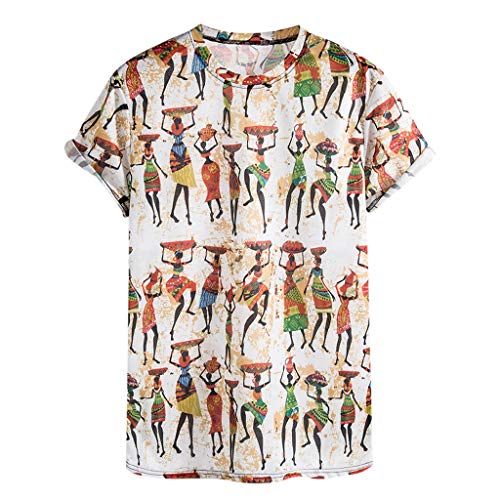 T-Shirt Men Ethnic Printed Fashionable Comfortable Short Sleeve Top (L,White)