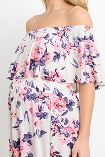 Women's Off Shoulder Ruffle Maxi Maternity Dress (X-Large, Cream Floral) #TOP4