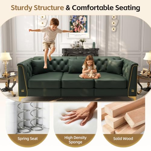 Image of KEIKI 62 inch Faux Leather Chesterfield Sofa with Handmade Button Tufted, Green | Luxury Modern 2-Seater Couch with Metal Trim Armrests & High Resilience Cushion & 2 Pillow, Easy Assembly, for Living Room
