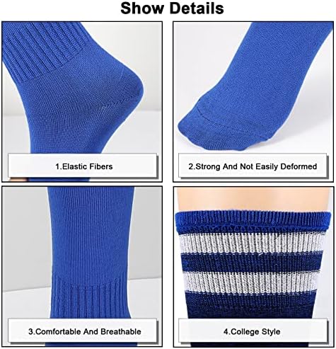Fuyamp 3 Pairs Kids Football Socks, 3 Colors Childrens Unisex Anti-slip Towel Bottom Socks Long Breathable Soccer Sock for Rugby, Hockey, Running Or Training for Children Aged 5-12(Blue+White+Black)