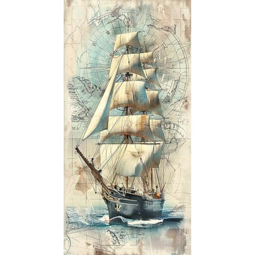 SHEGZHUC 45 x 85 cm barco de pintura de diamante náutico barco grande blanco retro velero paisaje mosaico diamante pintura arte bordado punto de cruz imágenes regalo decoración de pared
