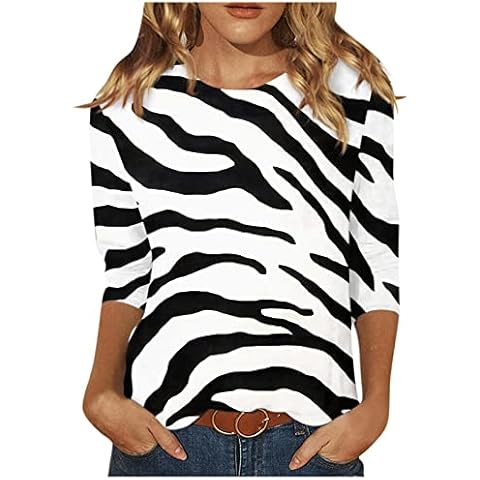 Plus Size Tops for Women, Stylish T Shirts Ladies Spring Party Full Three Quarter Sleeve Polyester Top Floral Light Ruffle Crewneck Fit Tees for Women Zebra Cover