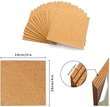 60Pcs Self Adhesive Cork Squares, 4 x 4 Inch Strong Cork Adhesive Sheets, Reusable Cork Board Cork Backing Sheets, Mini Wall Cork Tiles Mat for Coasters and DIY Crafts