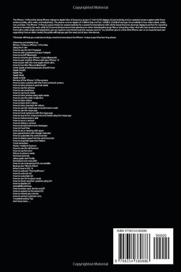 Back cover of the iPhone 14 Plus User Guide book showing ISBN and summary