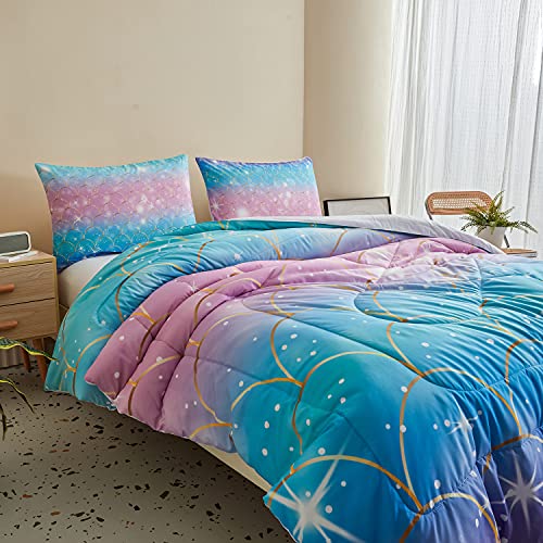 Dewfull-Mermaid-Comforter-Set-Twin3-Pieces-All-Season-Lightweight-Warm-Soft-Comforter-Sets-Included-1-Comforter-and-2-PillowcasesMermaid-Pattern-for-Girls-and-Teens 51clib1CwAL