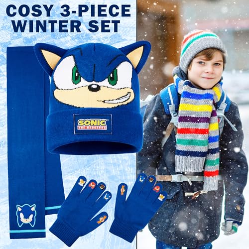 Sonic The Hedgehog Conjunto Bufanda Gorro y Guantes Niño, Accesorios de Invierno Cálido para Fans, Regalo para Gamers (Azul Sonic 3 Pcs) - imagen 2