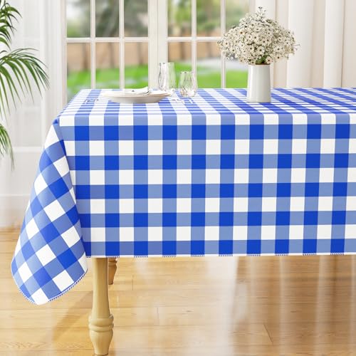 Image of misaya Rectangle Waterproof Vinyl Table Cloth, Buffalo Flannel Backed Tablecloth, Wipeable Plastic Table Cover for Seaside, Picnic, Outdoor (70 inch x 108 inch, White and Blue)