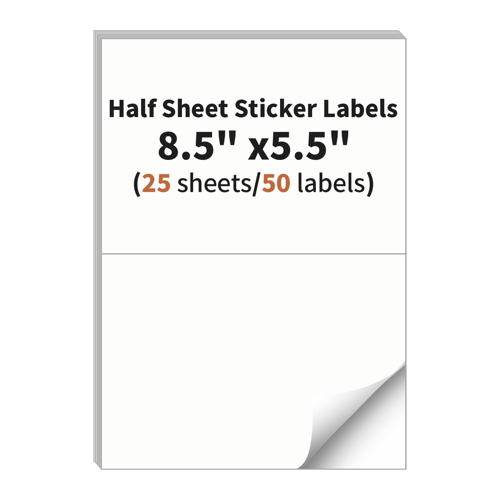 Half Sheet Labels, 2 per Sheet, 25 Sheets, 50 Labels, 8.5" x 5.5" Shipping Labels Paper, Address Sticker Laser & Inkjet Printer Label Stickers, 5 1/2"
