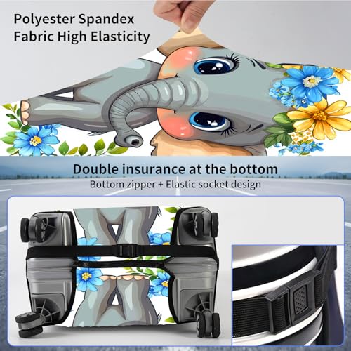 Suitcase Cover for Luggage 25-28 Inch, Washable Elastic Anti-Scratch Luggage Protector, Durable Zipper Baggage Cover with Handle Wrap, Travel Accessories for Suitcase, Baby Elephant with Floral3