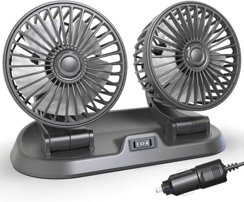 Auto Ventilator 12V Doppelkopf Kopfstütze Autolüfter Tragbare 360 drehbar Auto Fan Ventilator 2 Geschwindigkeiten Einstellbar Auto Ventilator für Rücksitz KFZ Lüfter für Lkw Van Suv Rv